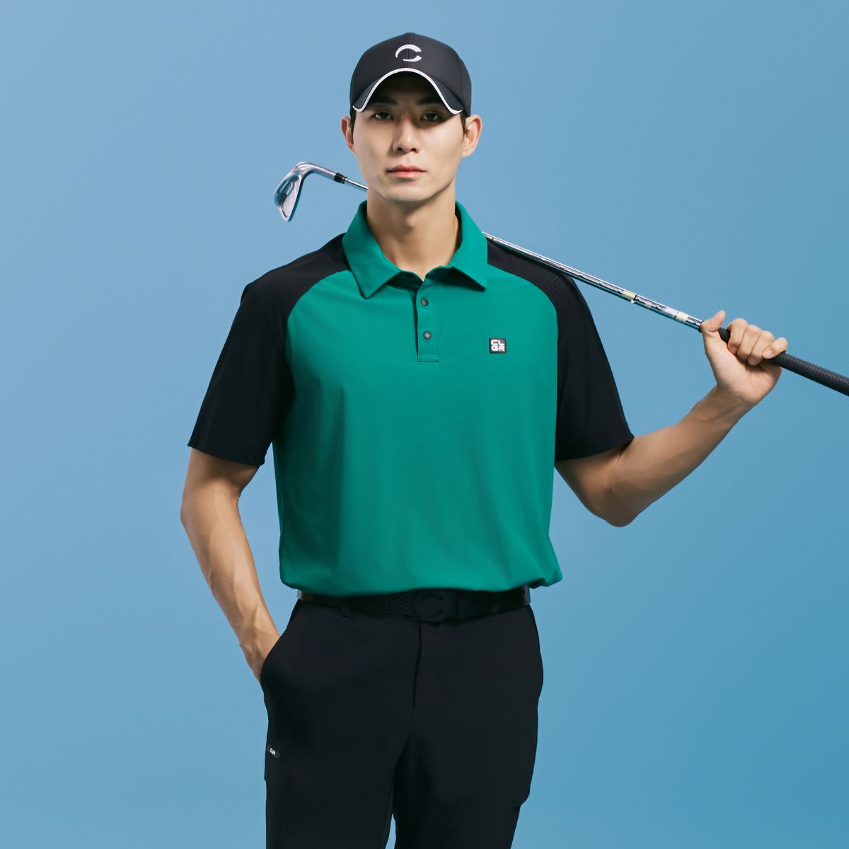 챌린저(CHALLENGER) 남성 에센셜 컬러블럭 트리코트 반팔 카라 티셔츠 그린