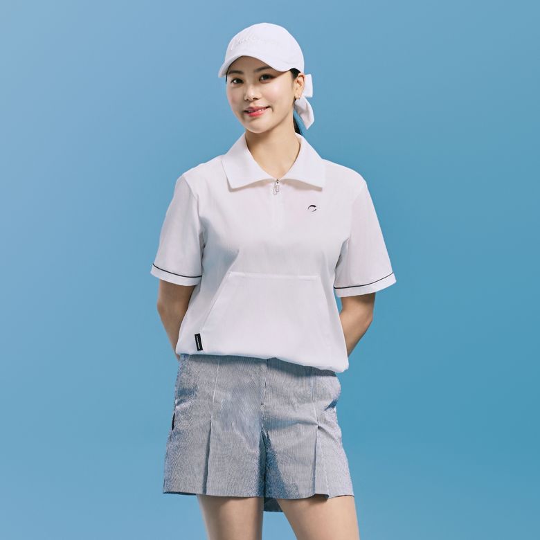 여성 크링클 2WAY 카라 반팔 우븐탑 화이트