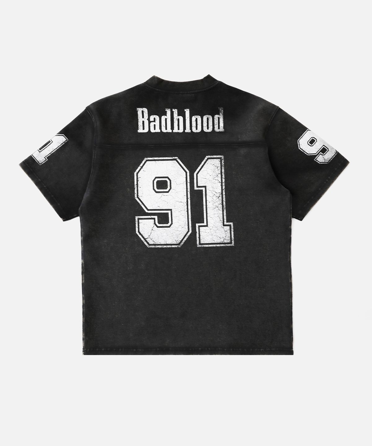 배드블러드(BADBLOOD) 91 크랙 프린트 브이넥 티셔츠 - 블랙
