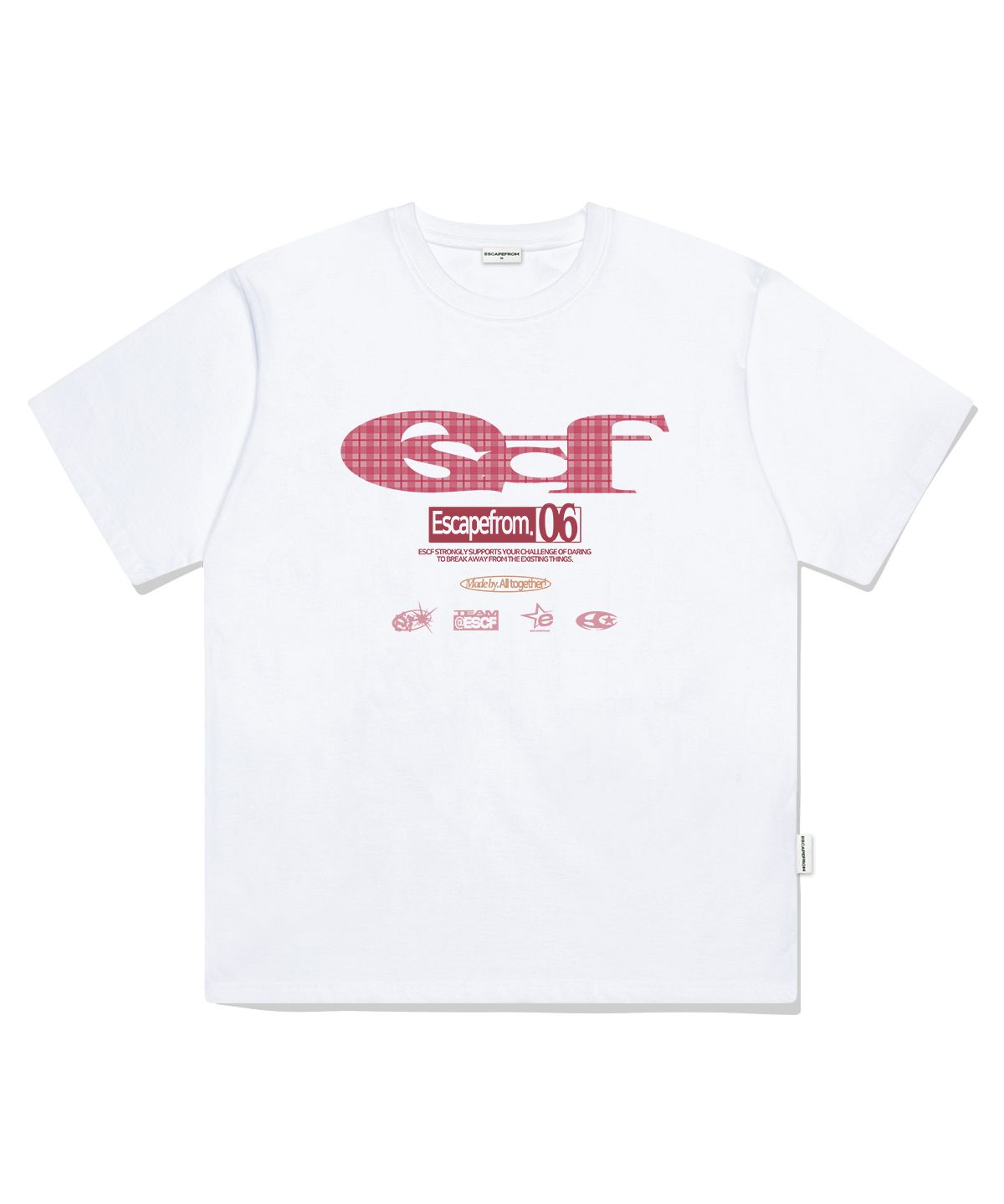 ESCAPEFROM☆CHECK ESCF LOGO COLLAGE PRINT OVERFIT T-shirt MUSINSA | ESCAPEFROM Pink Check ESCF Logo Collage Print