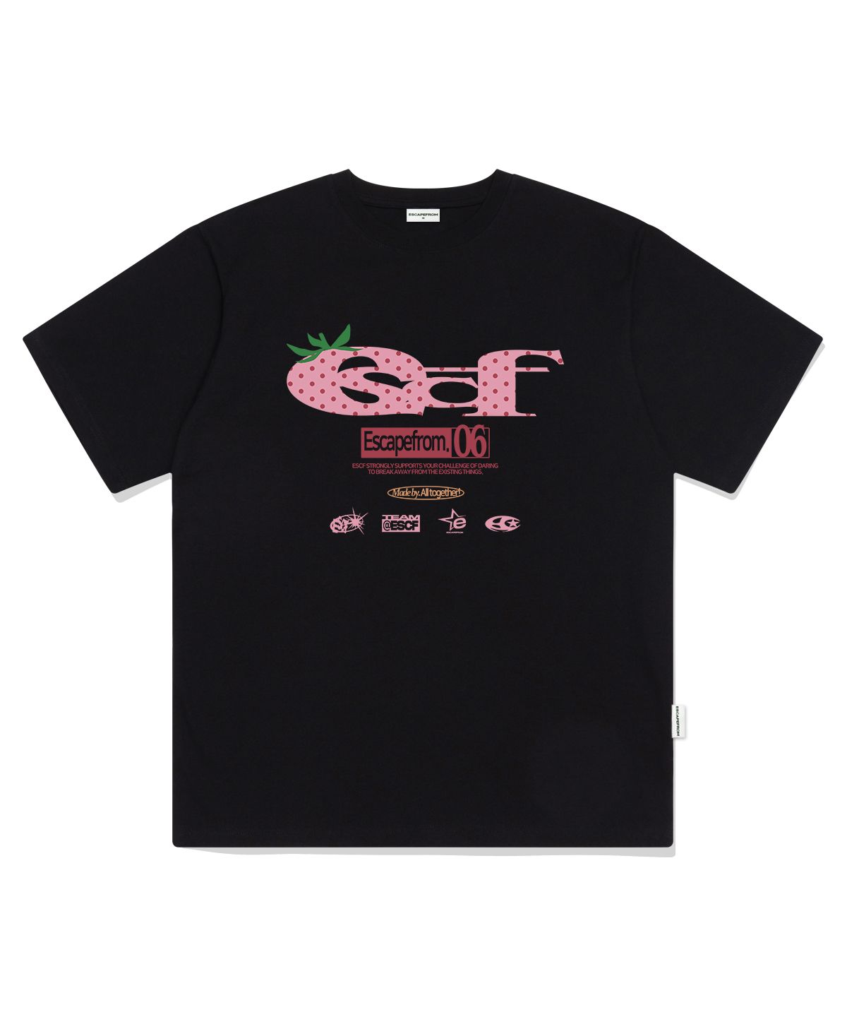 이스케이프프롬(ESCAPEFROM) 스트로베리 도트 ESCF 로고 콜라주 프린트 오버핏 반팔티 블랙