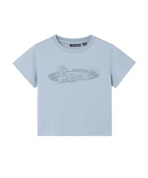 W Flower Symbol Cropped T Shirt - Blue Gray