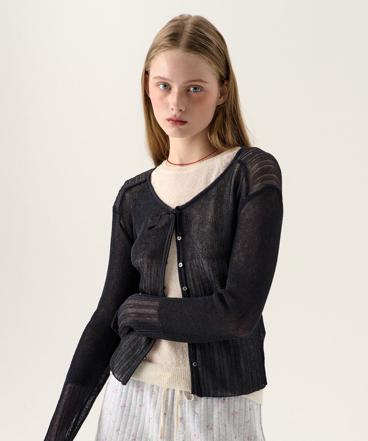 튜드먼트(TTUDEMENT) SHEER RIB CARDIGAN CHARCOAL