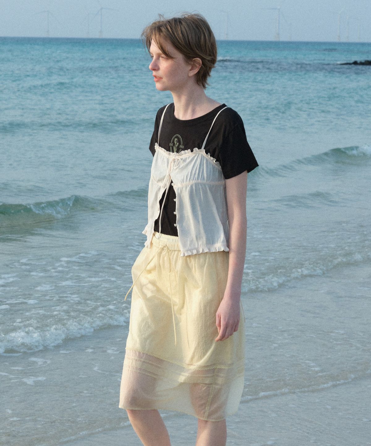 튜드먼트(TTUDEMENT) SHEER LAYERED MIDI SKIRT BUTTER