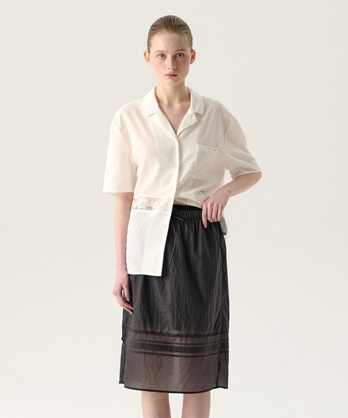 튜드먼트(TTUDEMENT) SHEER LAYERED MIDI SKIRT CHARCOAL