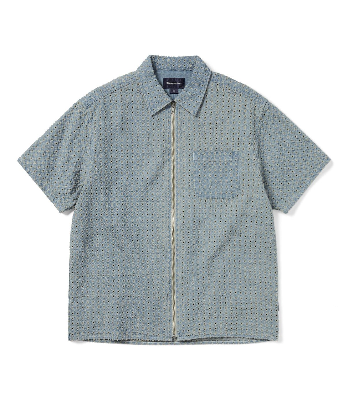 디스이즈네버댓(THISISNEVERTHAT) Damaged Denim Zip S/S Shirt Washed Blue