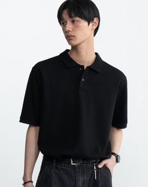 클래식 세미 오버핏 코튼 피케 티셔츠 [블랙]