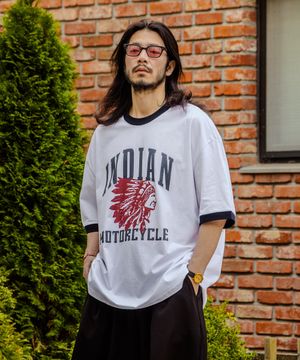 인디언 모터사이클 배색 반팔티 화이트