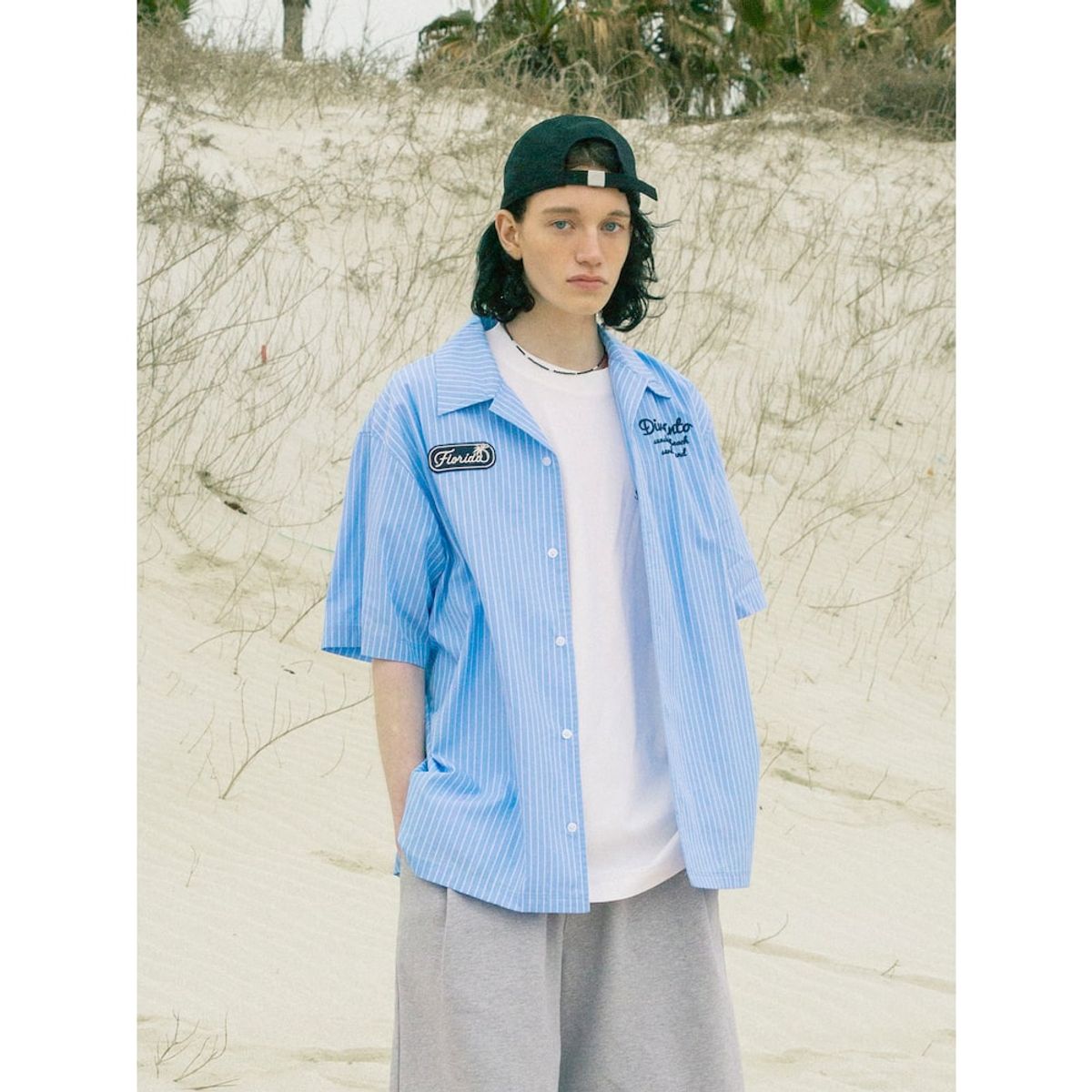 샌드 사운드(SAND SOUND) (UNISEX) 스트라이프 오픈카라 셔츠  라이트 블루