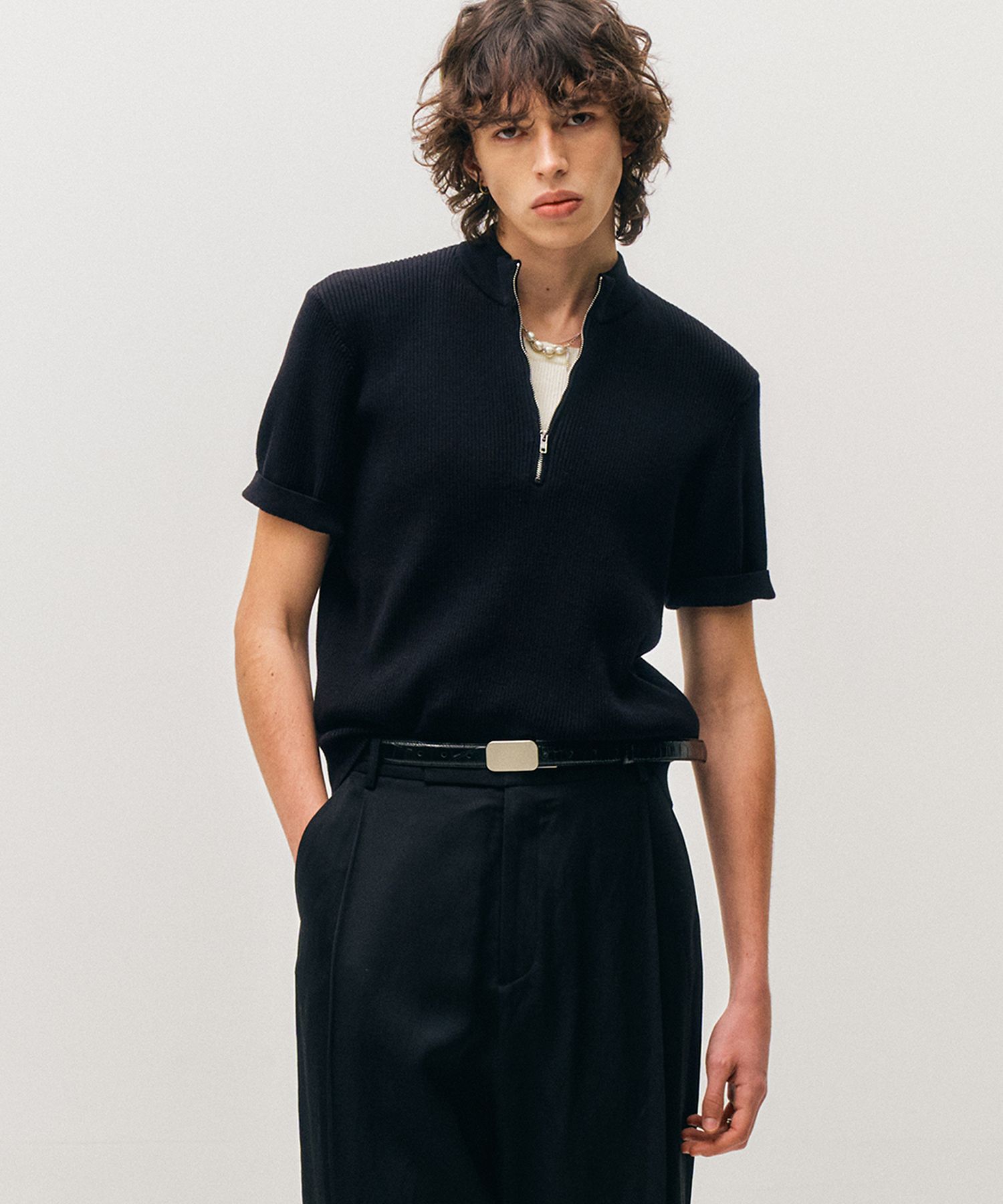 MUSINSA公式 | NOIRER リブドジップアップハーフニット（ブラック）