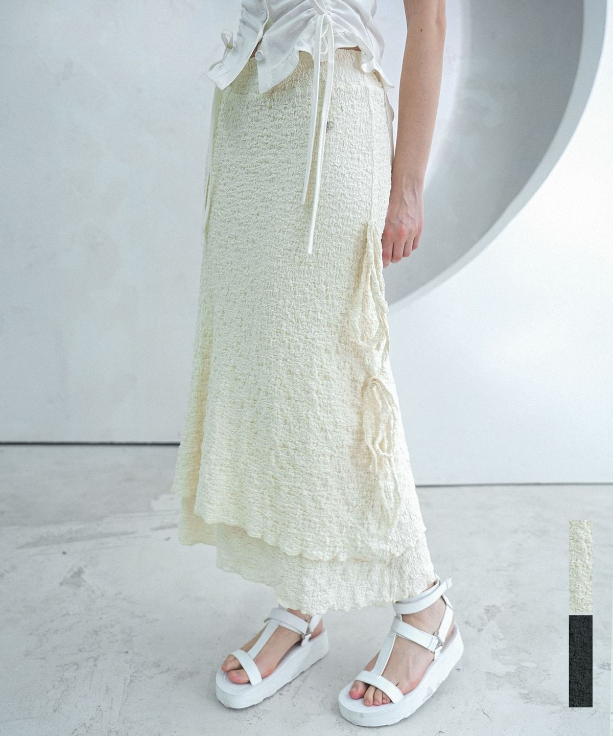 비바셔스(VIVACIOUS) Ribbon Shell Layered Long Skirt - 2COL