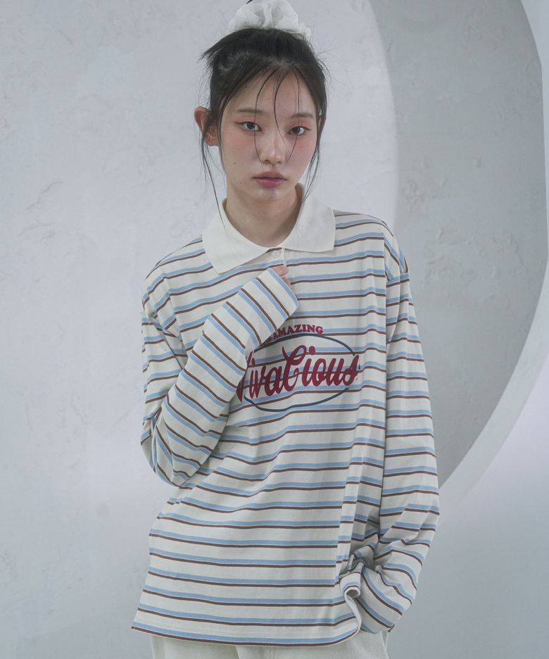 Amazing Stripe Rugby Long Tee BROWN