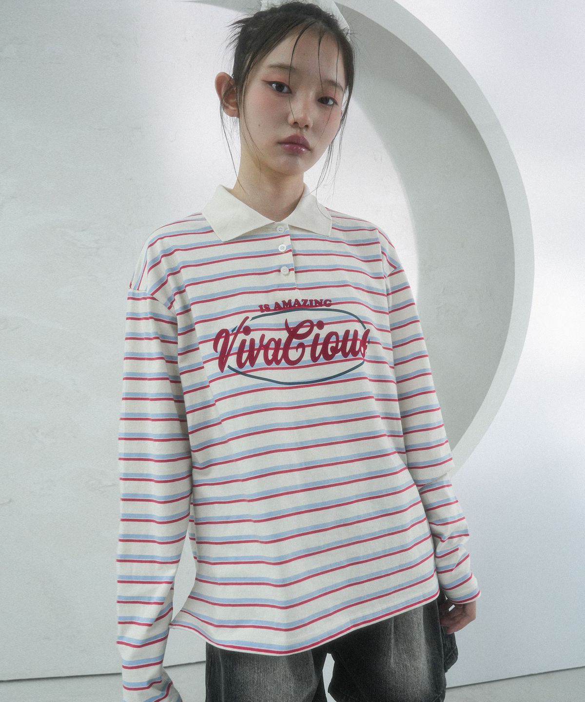 비바셔스(VIVACIOUS) Amazing Stripe Rugby Long Tee RED