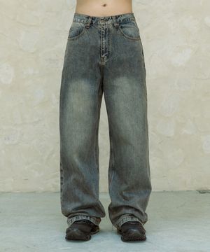 와이드 세미 플레어 데님 팬츠 [더스티 블루]