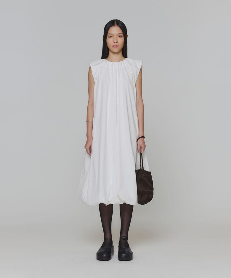 COTTON VOLUME SHIRRING DRESS_WHITE