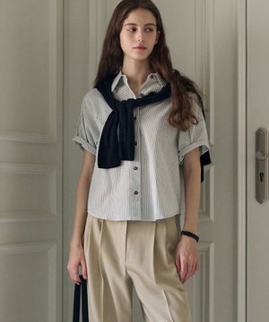 스트라이프 롤업 반팔 셔츠 [BLACK]