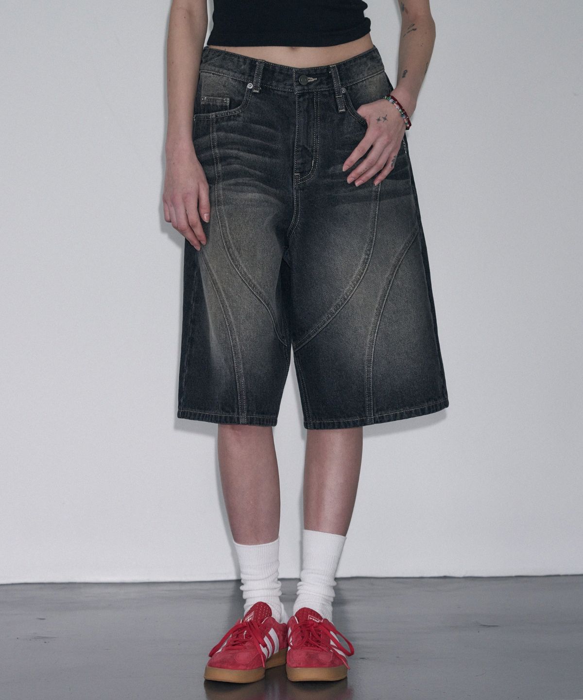 레더리(LEATHERY) 덩크 워시드 버뮤다 데님 팬츠 [SAND BLACK]