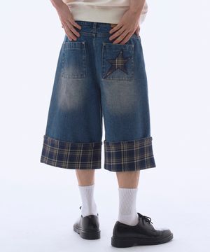 데님 체크 콤비네이션 버뮤다 쇼츠 블루