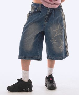 데님 스타 라인 테이프 버뮤다 쇼츠 블루