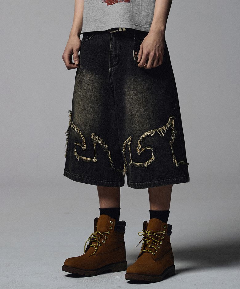 Flame Applique Bermuda Denim Shorts - Black