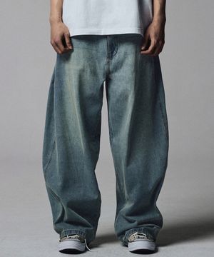 Linen Like Curved Semi Wide Denim Pants - Light Blue