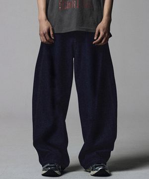 Linen Like Curved Semi Wide Denim Pants - Deep Indigo