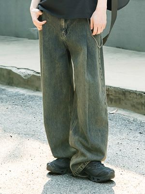 원턱 와이드 슬렉스 데님 팬츠 [데저트 블루]