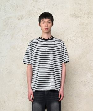 스트라이프 코튼 로고 티셔츠 - 블랙