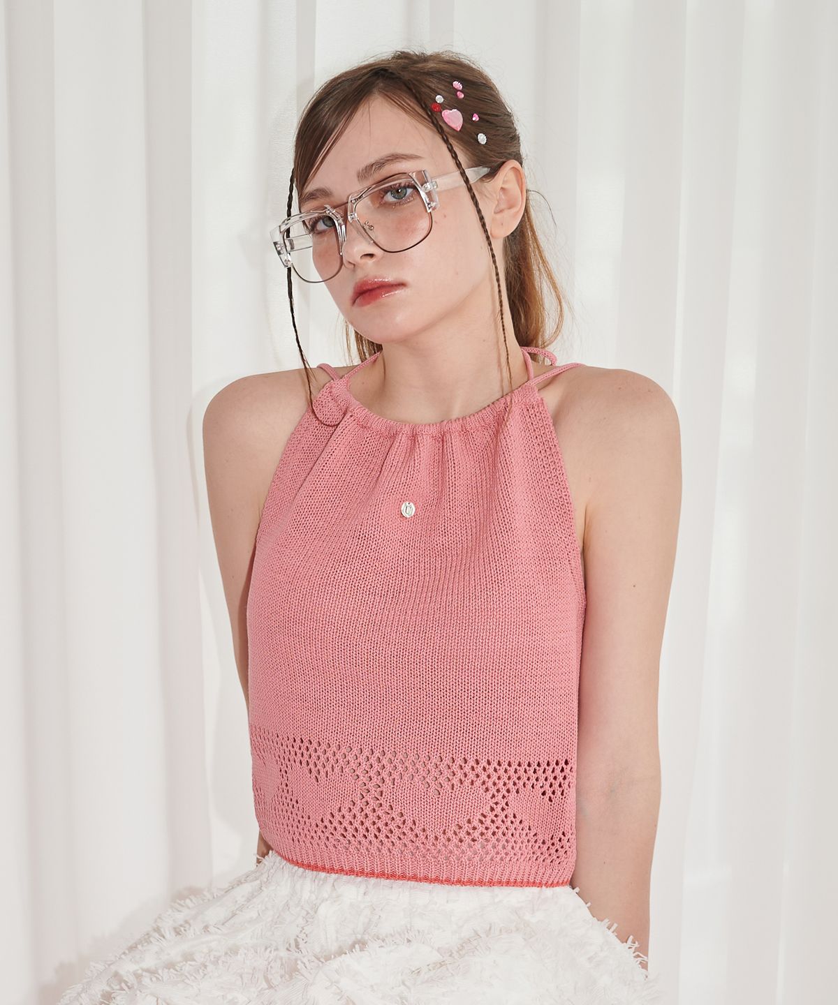 언유주얼 노말(UNUSUALNORMAL) LOVE 2WAY HALTER KNIT TOP_PINK