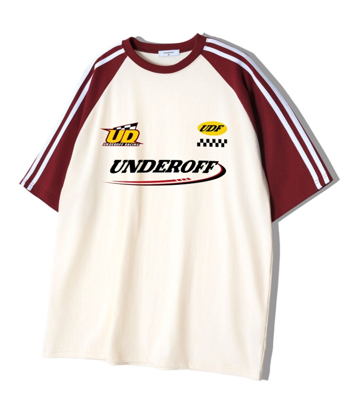 언더오프(UNDEROFF) 오버핏 래글런 트랙 라인 반팔 티셔츠 레이싱 버건디