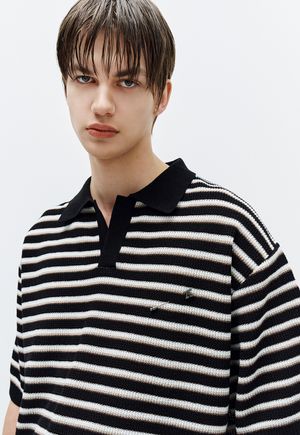 멀티 스트라이프 오픈 카라 니트 블랙 ZH3KT312BK