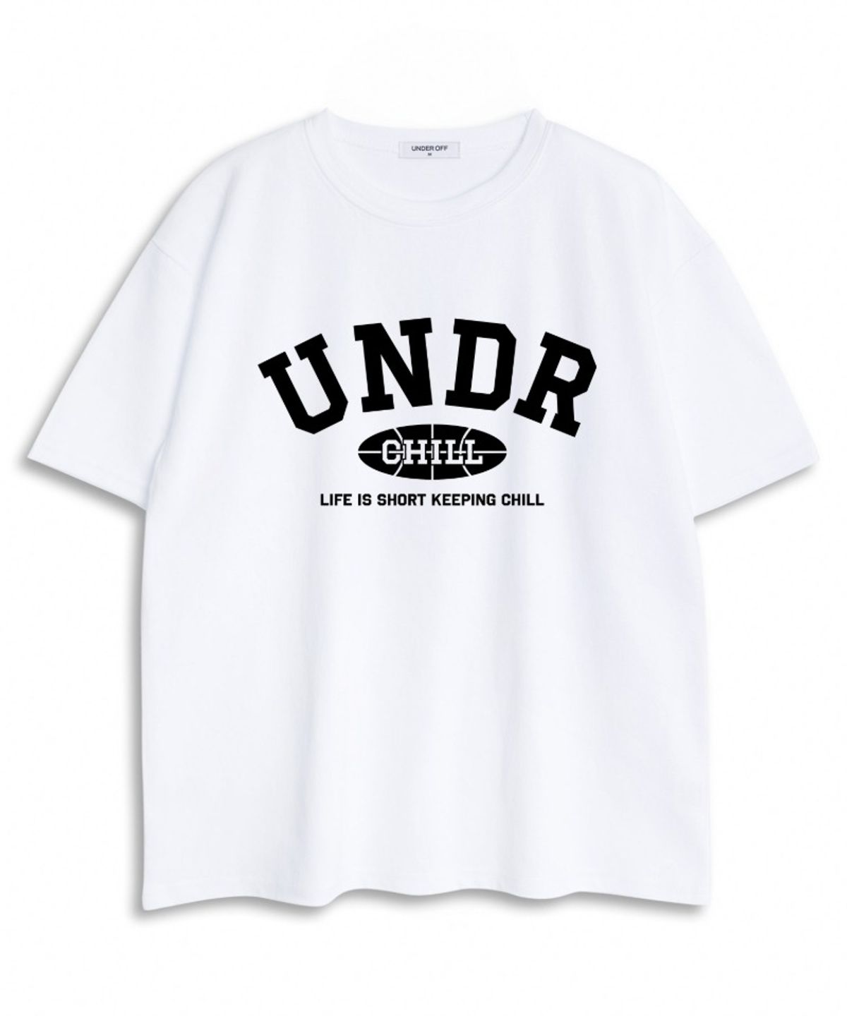 언더오프(UNDEROFF) 오버핏 크루넥 이니셜 아치 로고 반팔 티셔츠 화이트블랙