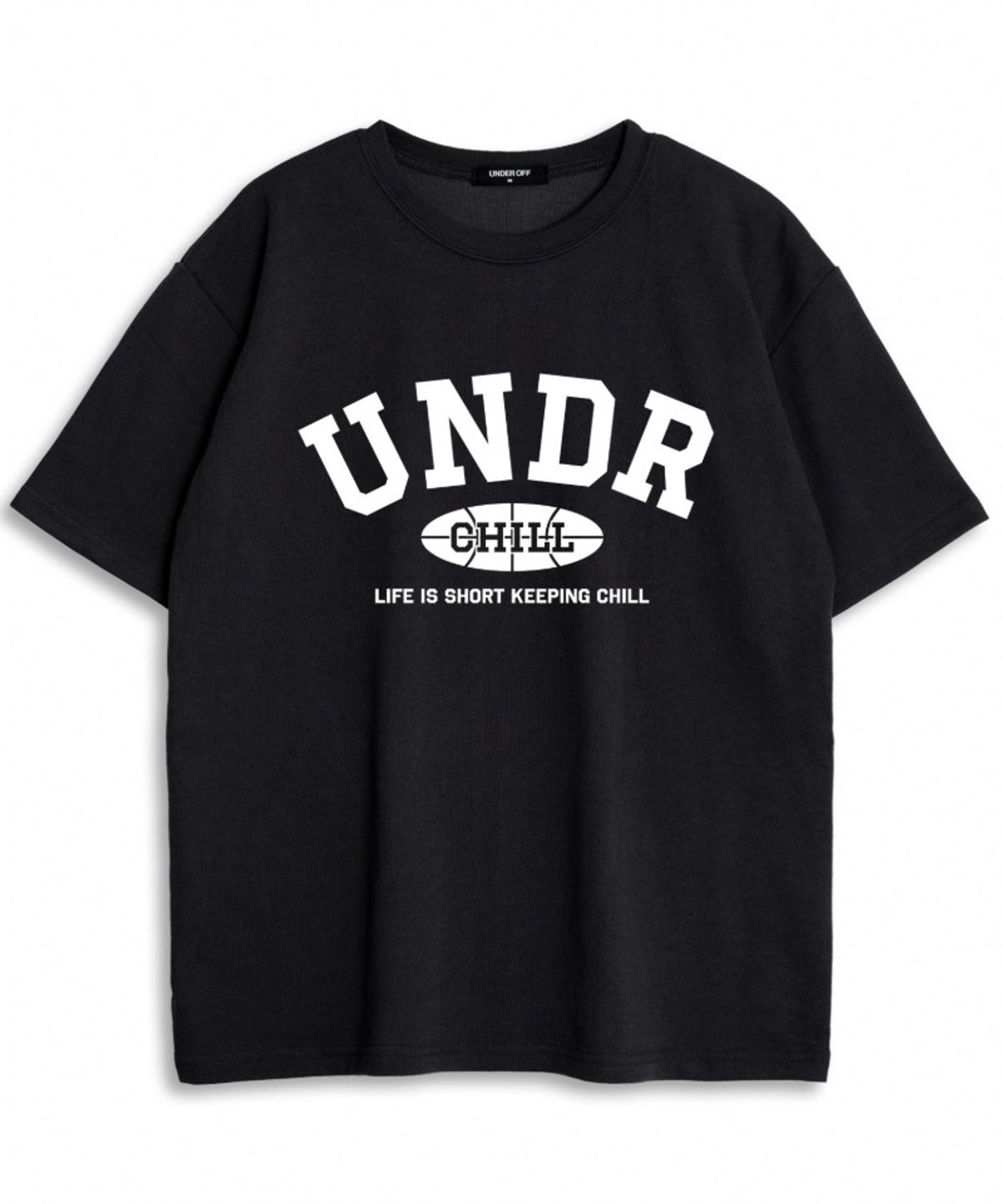 언더오프(UNDEROFF) 오버핏 크루넥 이니셜 아치 로고 반팔 티셔츠 블랙