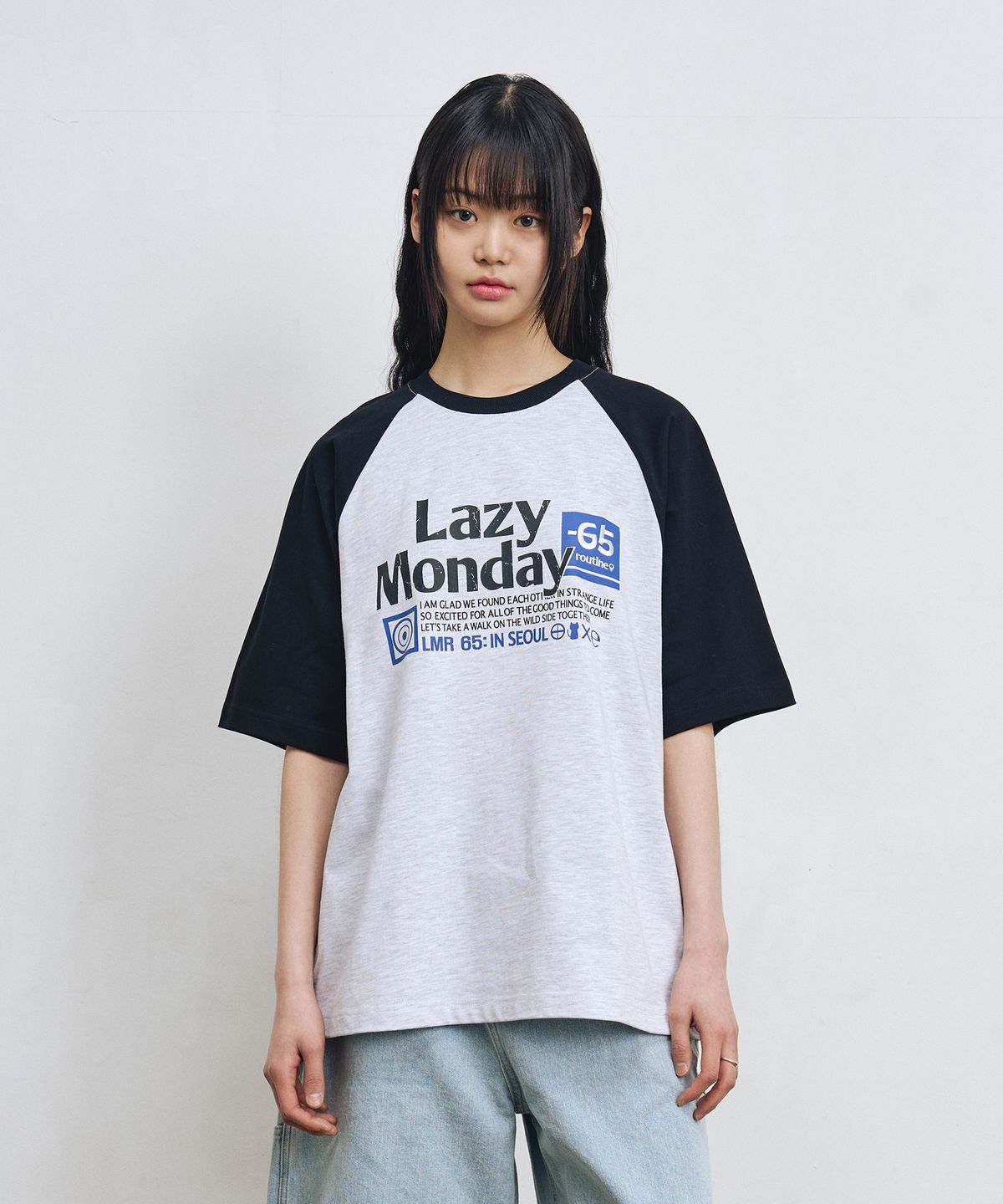 엘엠알(LMR) 풀 레터링 컬러 블록 래글런 티셔츠 LIGHT GREY