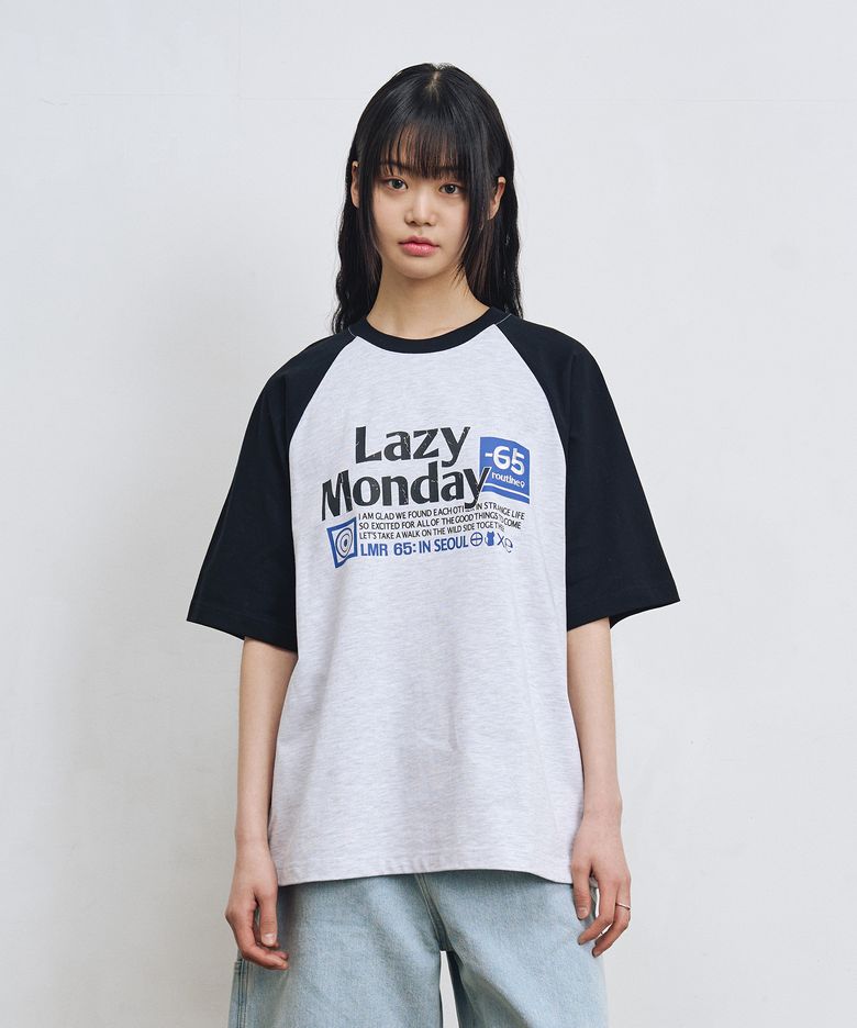 풀 레터링 컬러 블록 래글런 티셔츠 LIGHT GREY