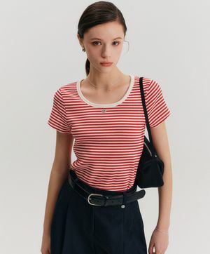라인 스트라이프 유넥 티셔츠_레드 / LINE STRIPE U-NECK T-SHIRT_RED