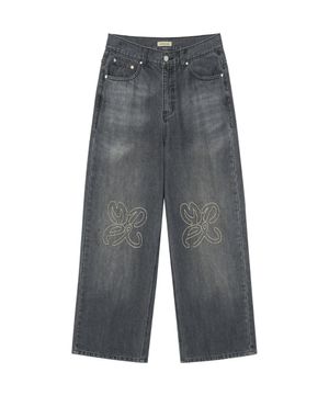 Petal Stitch Washed Denim Pants - BLACK