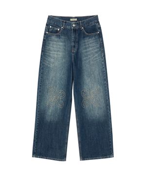 Petal Stitch Washed Denim Pants - BLUE