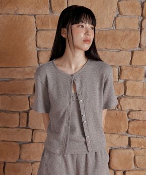 FLOWER WAFFLE BUTTON CARDIGAN_GREY