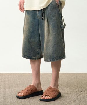 바이오워싱 카펜터 버뮤다 데님 팬츠_더스트 인디고