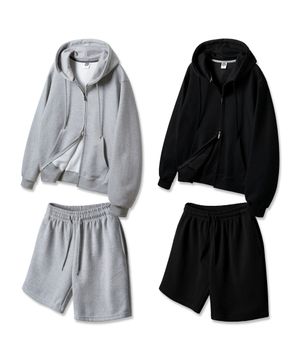 [SET] 무지 레귤러핏 투웨이 후드집업/코튼 밴딩 스웨트 반바지 셋업