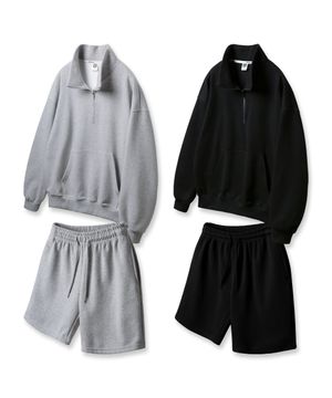 [SET] 무지 비슬론 반집업 오버핏 맨투맨/코튼 밴딩 스웨트 반바지 셋업