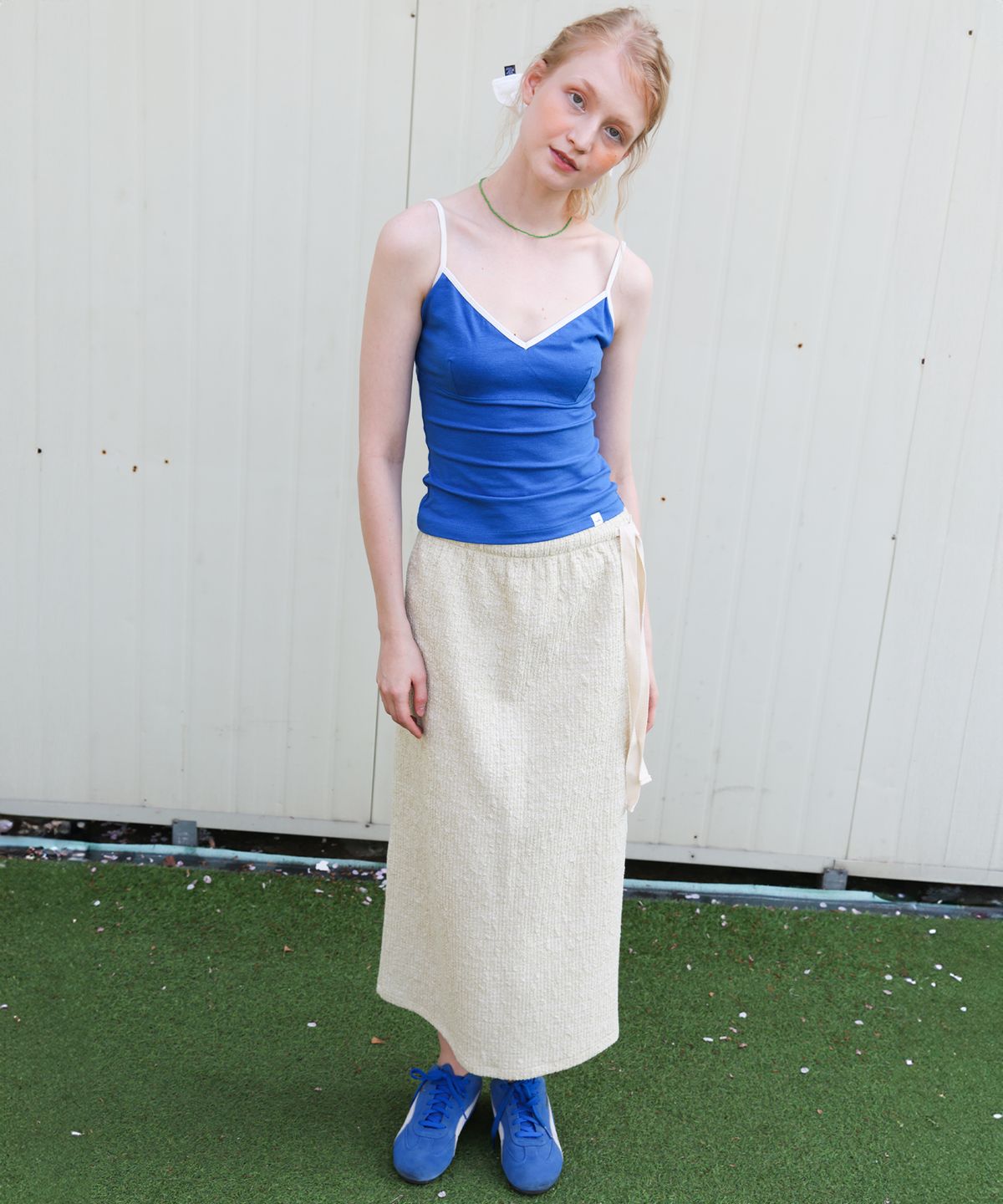 포에브(POEV) Melange Knit Long Skirt - Sage Green
