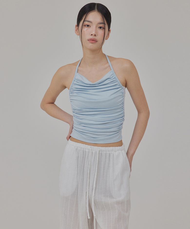 BACKLESS TIED UP SHIRRED HALTER TOP_T516TP122