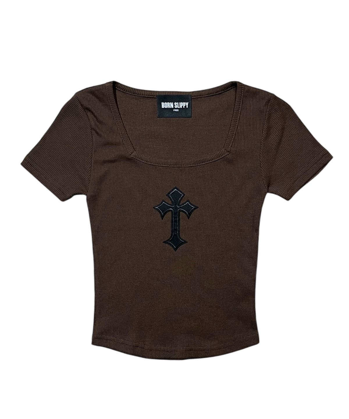 본슬리피(BORN SLIPPY) Cross Square Neck T-shirt (Brown)