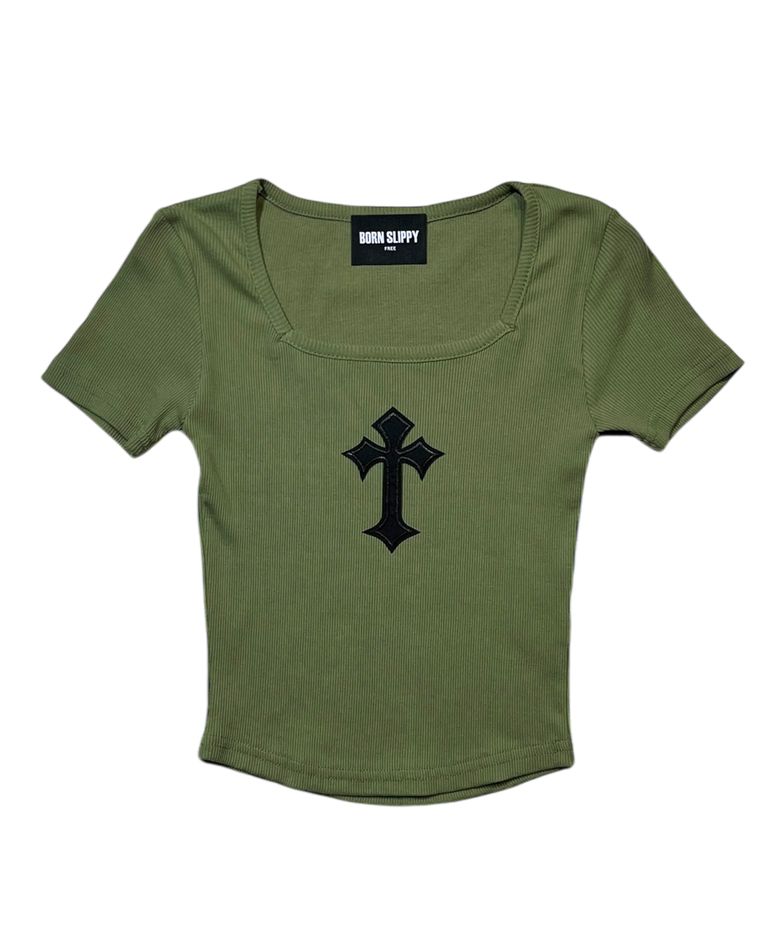 Cross Square Neck T-shirt (Green)