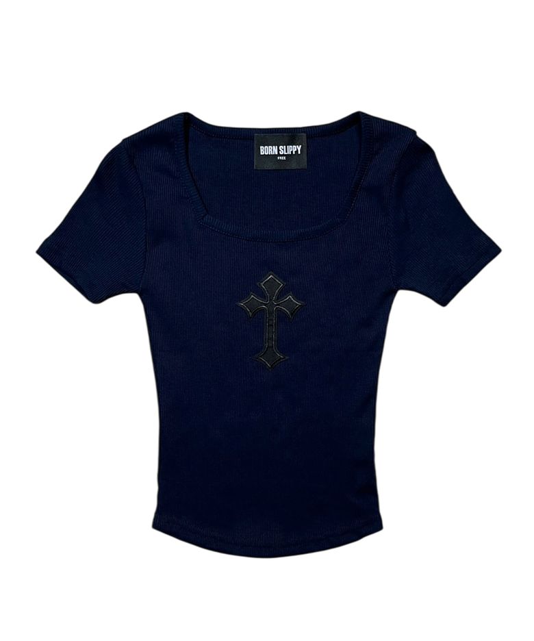 Cross Square Neck T-shirt (Navy)
