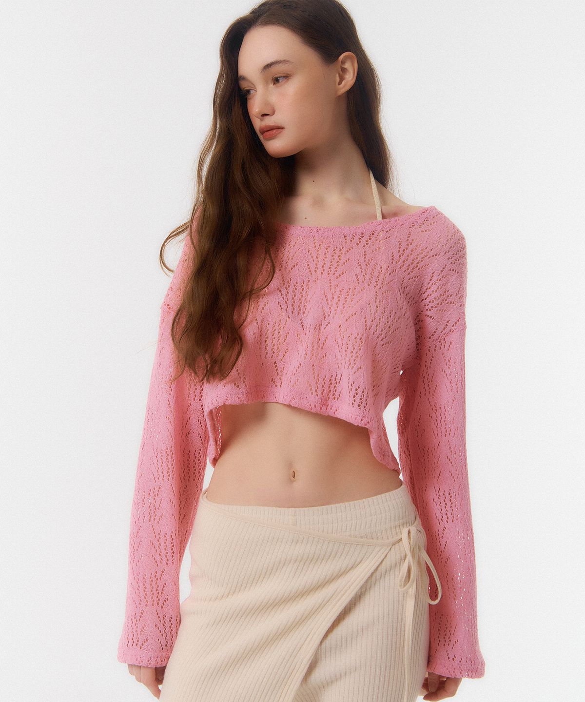 꾸아페(QUAFE) CROP COVER-UP KNIT TOP_neon pink
