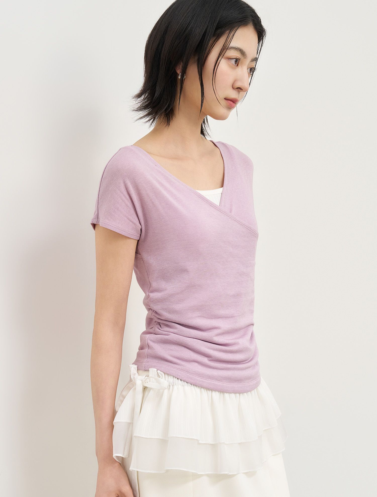 MUSINSA | GENERAL IDEA Acetate V-neck shirring short sleeve