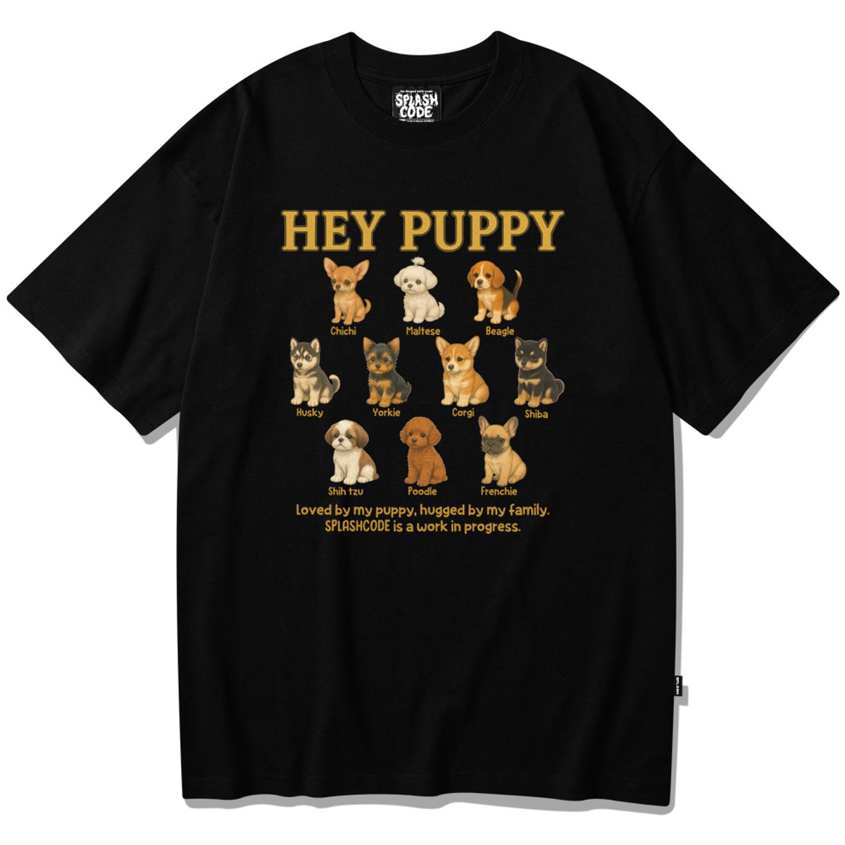 스플래시코드(SPLASHCODE) 반팔 티셔츠 블랙 - 헤이 퍼피(Hey Puppy)